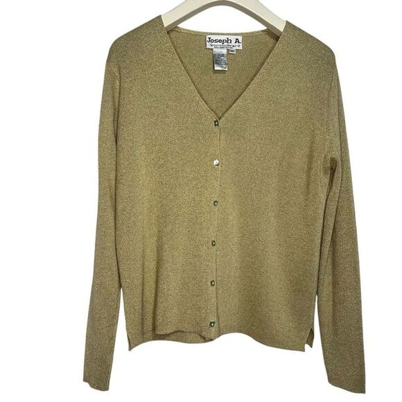 Joseph A Gold Metallic Silk Sweater Top Womens Medium Square Button V-Neck - Picture 1 of 6